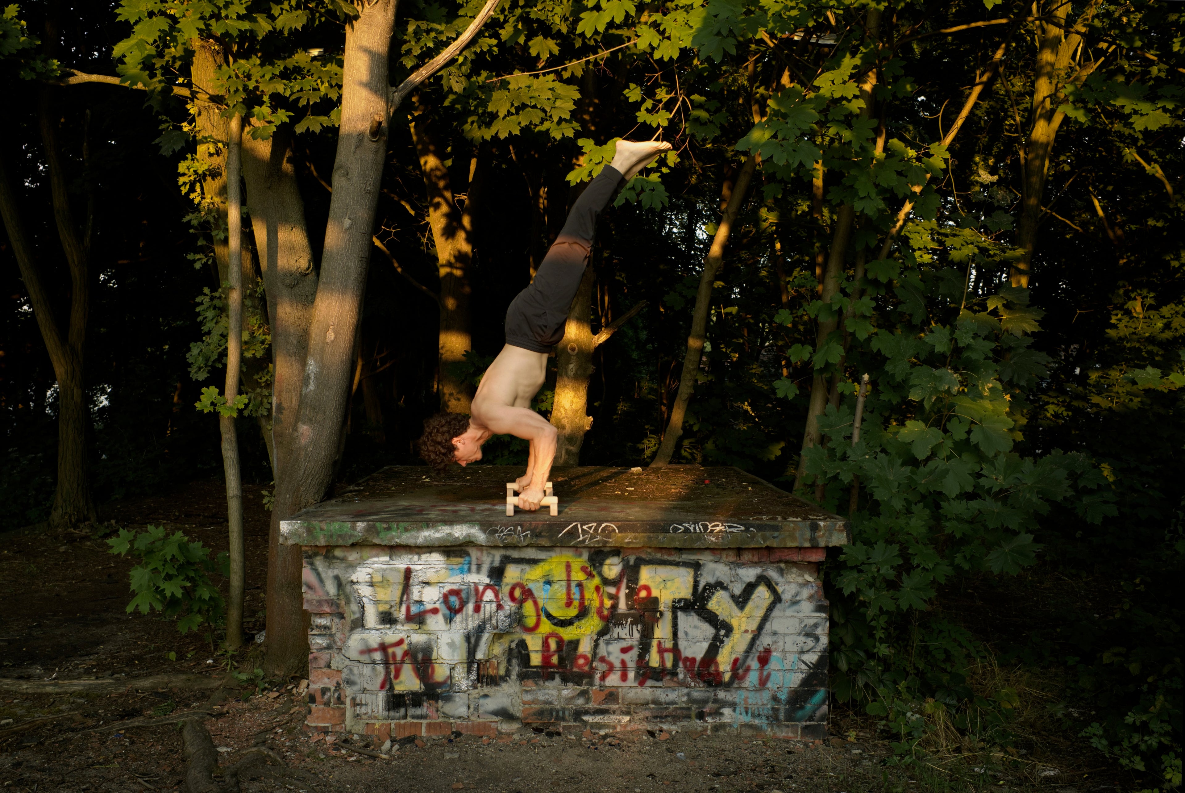 mann-macht-handstandpushup-auf-einem-betonsockel-im-wald